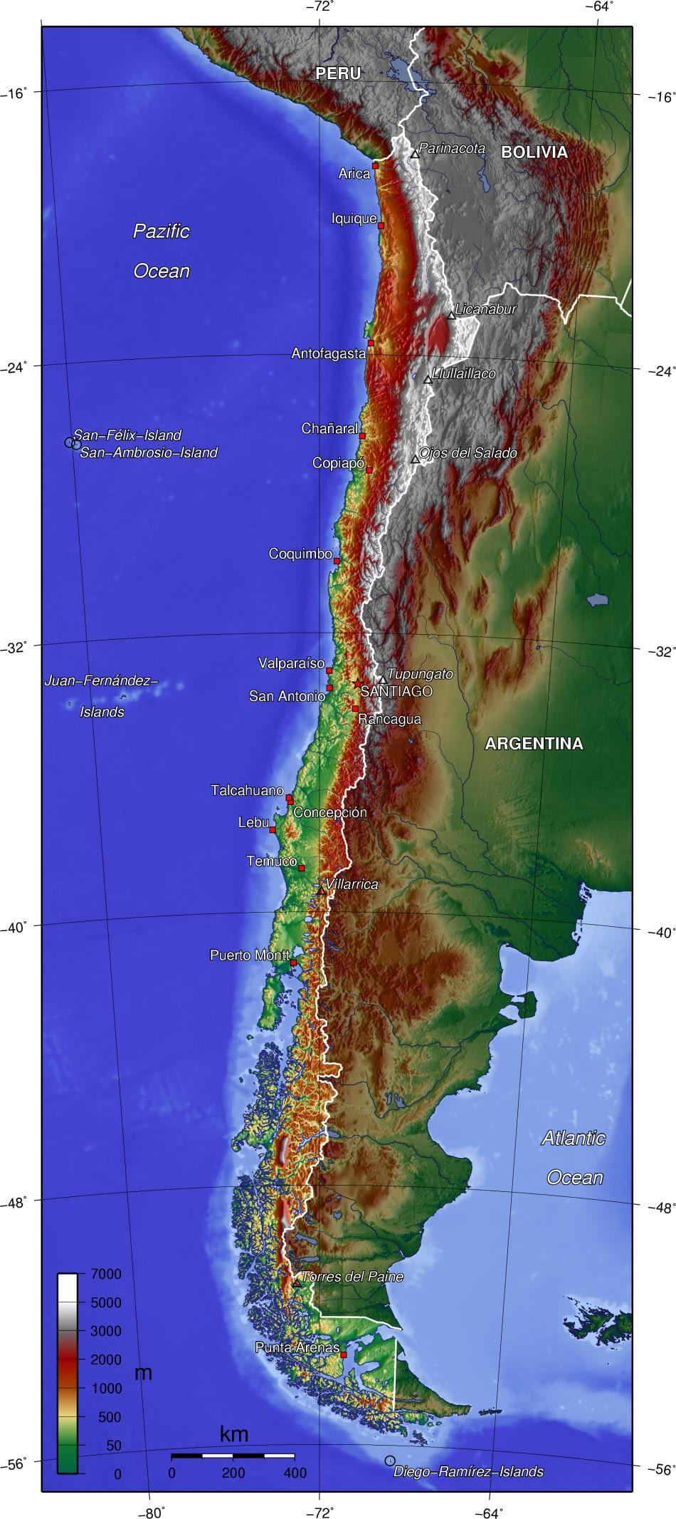 hory v Chile mapě