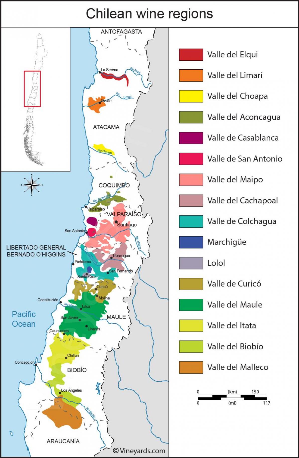 Mapu vinařských regionů Chile 