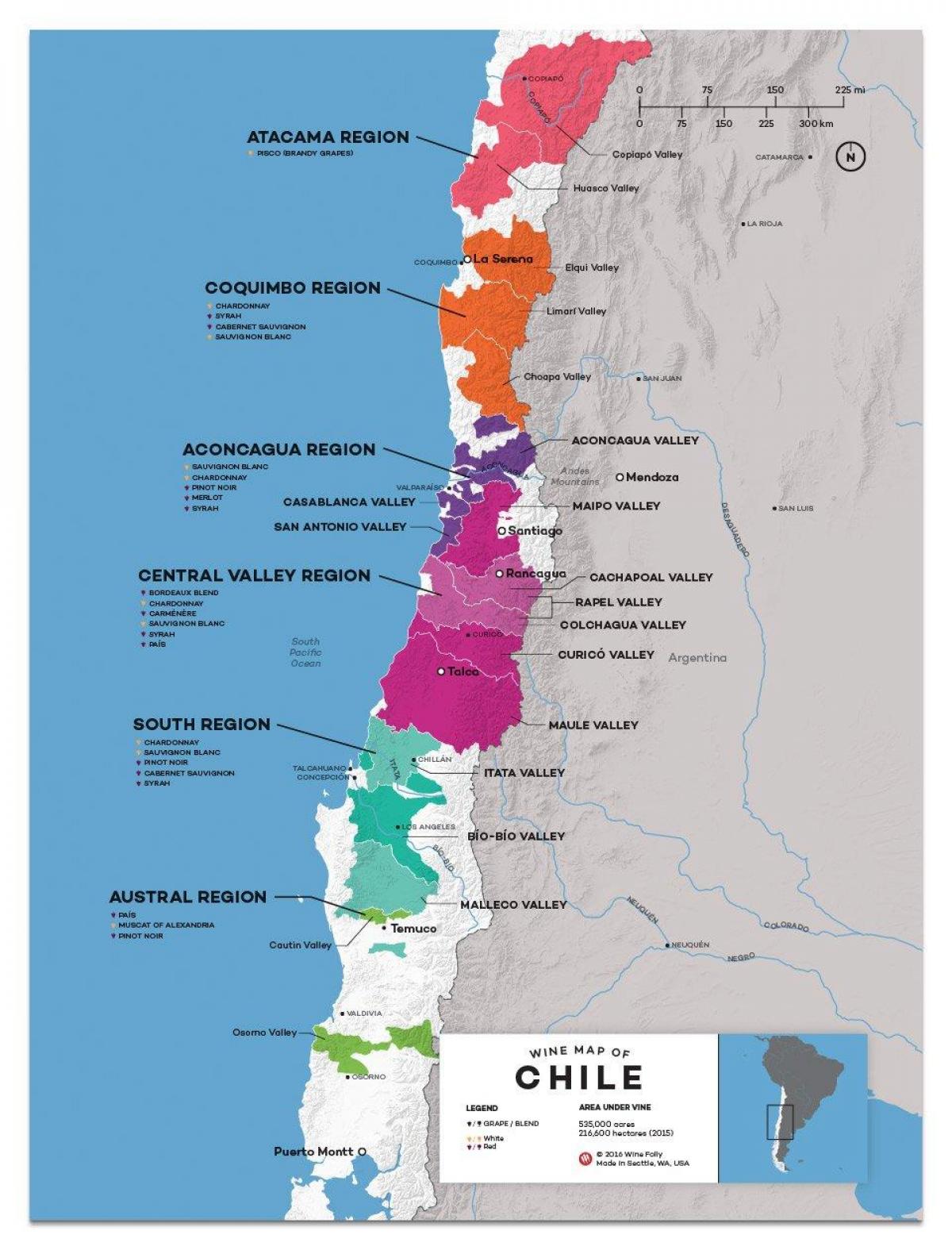 Chile víno, země, mapa