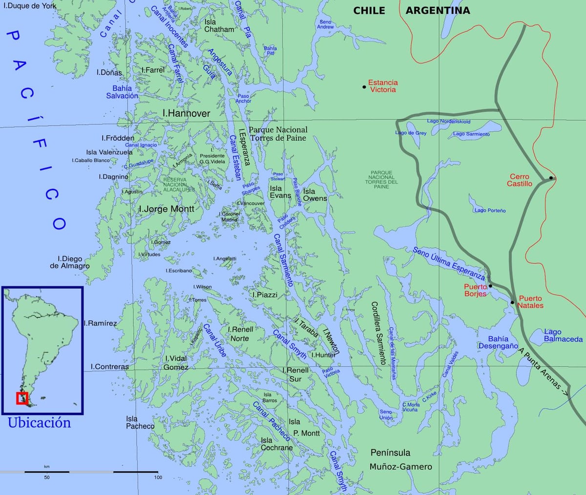 Mapa Chile ledovce