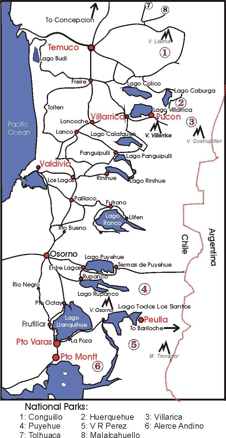 Mapa jezerní oblasti Chile