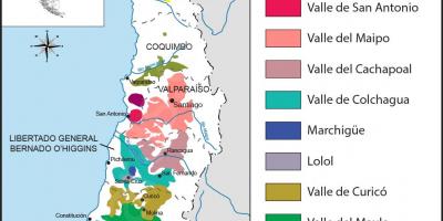 Mapu vinařských regionů Chile 